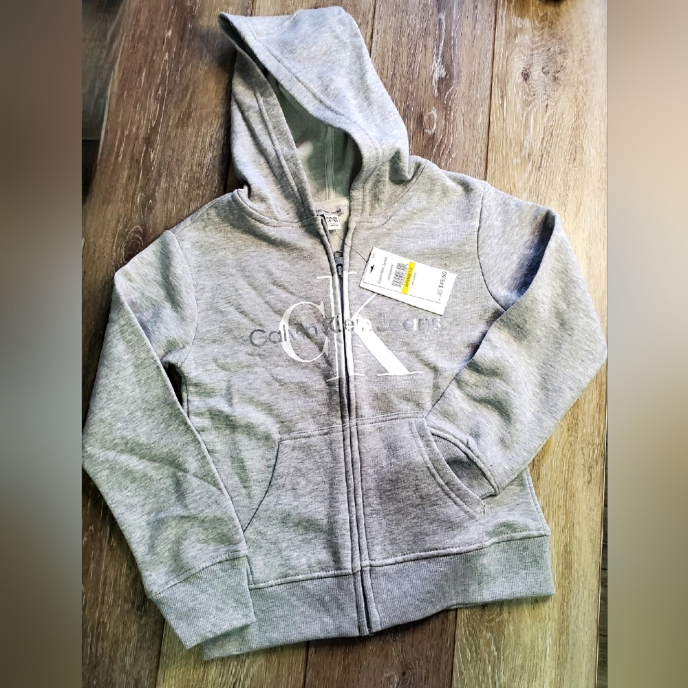 NEW Calvin Klein girl's gray/white & silver CK graphic sweat jacket, 8-10, 12-14